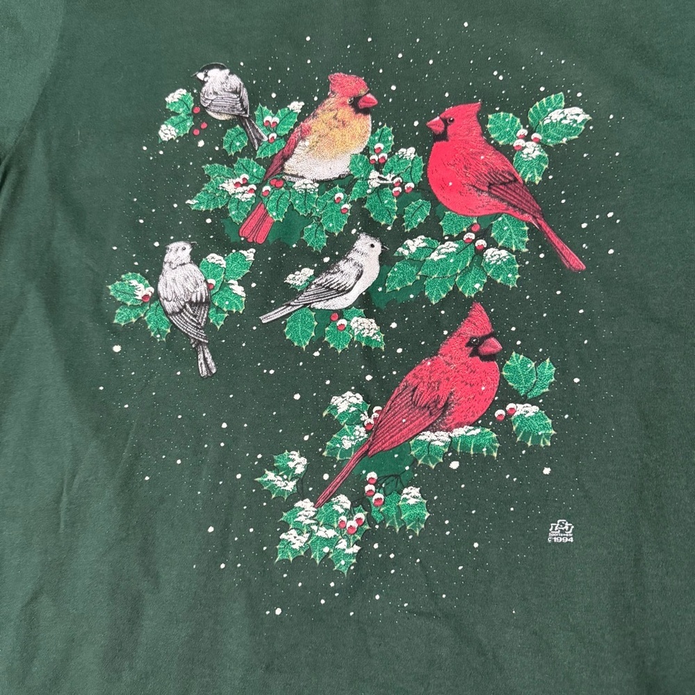 Vintage Cotton Grove Winter Holly Birds Green Shirt Size Large 1994 - Picture 2 of 7